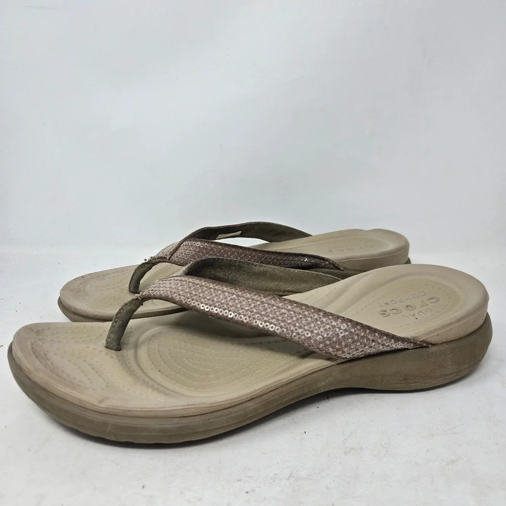 Crocs Capri V Sequin Flip Flops Khaki Tan Dual Comfort Sandals Womens 9